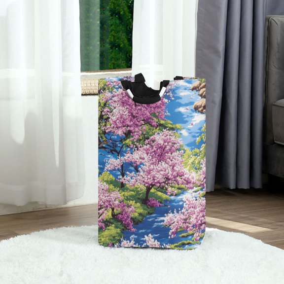 Spring Blossom River Scene Foldable Laundry Hamper 12.6x11x22.7in with Handles for Bathroom Bedroom Storage