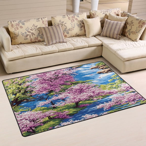 Spring Blossom River Scene Soft Polyester Area Rug 31''x20'', Non Slip, Memory Foam, Water Absorbent