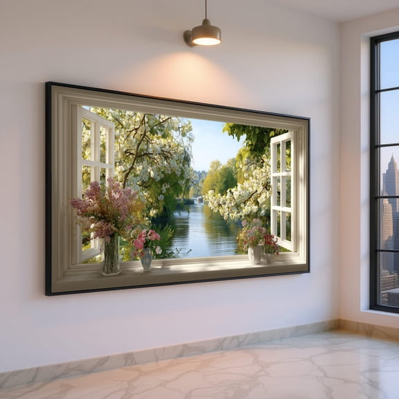 Spring Blossom River View Open Window Floral Bouquet Wall Art Peaceful Nature Landscape Home Decor Art
