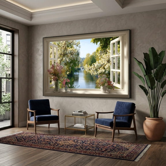 Spring Blossom River View, Open Window Scene Wall Art, Unframed Paper Poster 8x10in