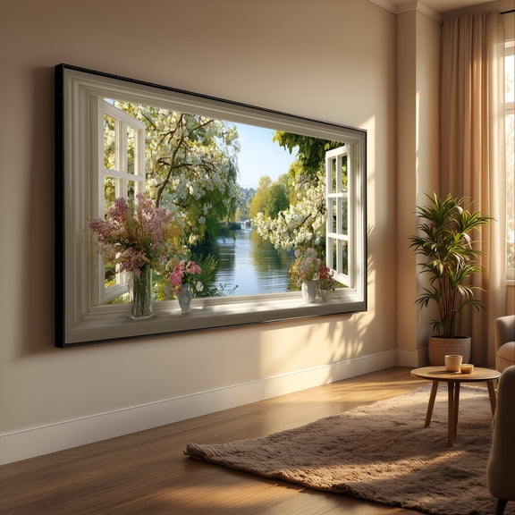 Spring Blossom River View Print, Open Window Floral Wall Art, Unframed Paper Poster 8x10in