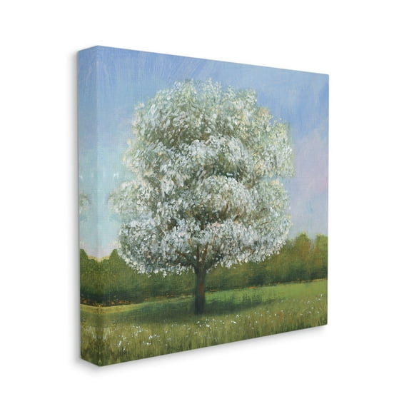 Spring Blossom Tree Landscape White Floral Meadow Landscape Gallery-Wrapped Canvas Print Wall Art, 17x17