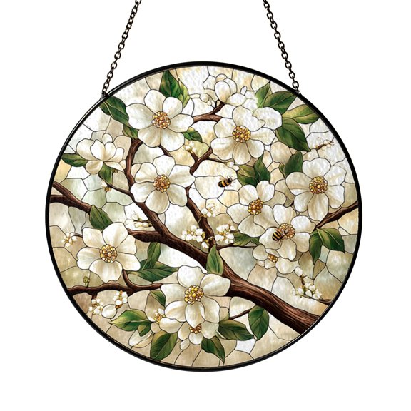 Spring Blossom Tree With Bee Artwork Stained Glass Style Window Suncatcher Decor, Sweet Botanical Home Gift