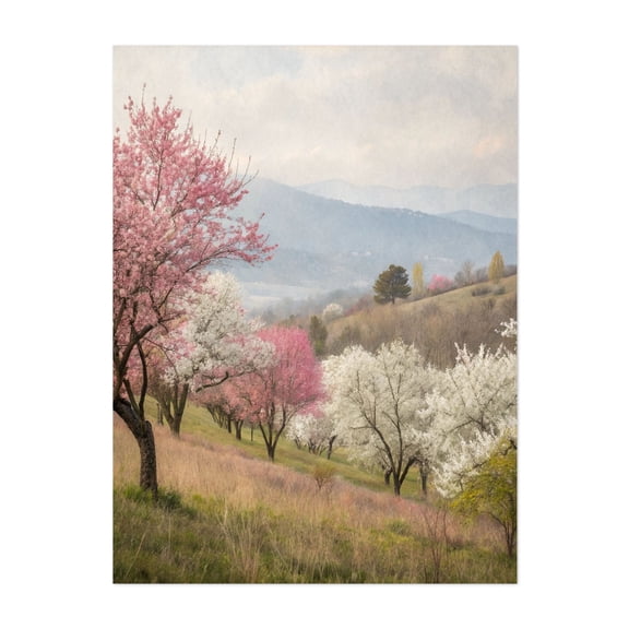 Spring Blossom Valley - Painting Cherry Blossoms Pastoral Nature Scenic Landscape Floral Unframed Wall Art Print 24 x 32 inches