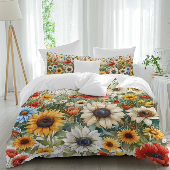 Spring Blossoming 4 Piece Duvet Cover Set Queen Size White Sunflower Red Poppy Garden Leaves Soft Bedding Set Comforter Cover, 1 Duvet Cover 1 Flat Sheets and 2 Pillowcases