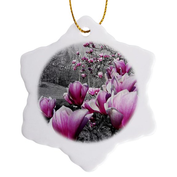 3drose, Spring Blossoms Featuring Pink Flowering Blossoms in a Black and White Picture, 3 inch Snowflake Porcelain Ornament