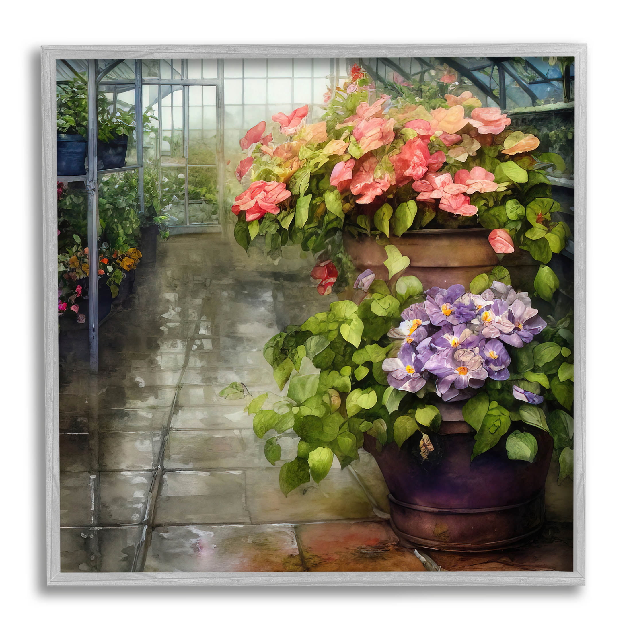 Spring Blossoms Greenhouse Garden Botanical & Floral Painting Gray Framed Art Print Wall Art