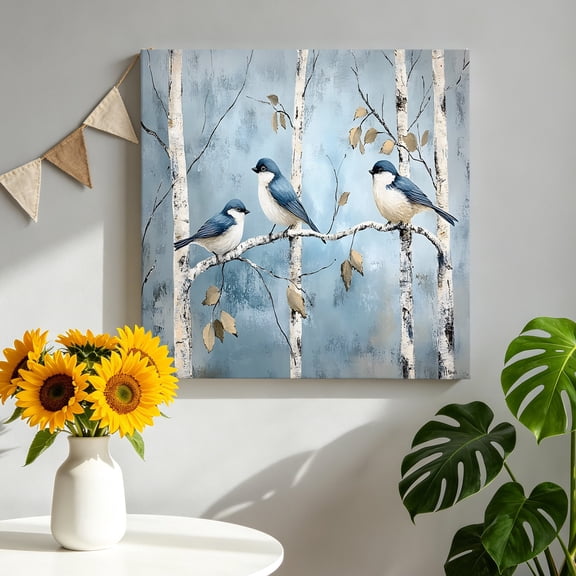 Spring Blue Bird Canvas Wall Art, Oil Painting Tree Animal Framed Canvas Wall Decor Picture Print Artwork Decorations for Living Room Office Ready to Hang 8" x 8"