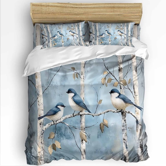 Spring Blue Bird Queen Size Comforter Set, Oil Painting Tree Animal Soft Bedding for All Seasons, 4 Pcs Bed Set with 1Comforter (90"x92") ,1 Sheet(94"x116"), 2 Pillowcases (19"x29")