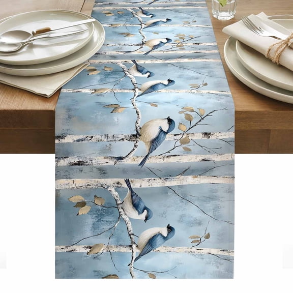 Spring Blue Bird Table Runner 13 x 36 Inch, Oil Painting Tree Animal Washable Cotton Linen Dining Table Runner Tabletop Decorations for Restaurant Home Kitchen Party