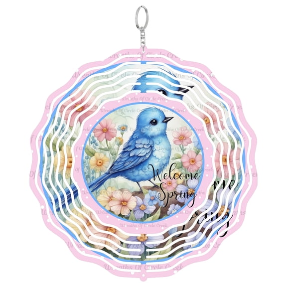 Spring Blue Bird Welcome 3D Wind Spinner Hanging, UV Printed Tinplate, Nature Garden Decor, Bird Lover Gift, Round
