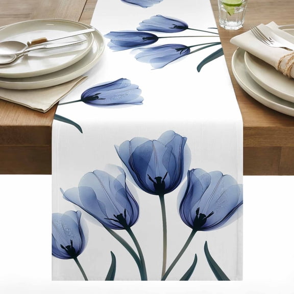 Spring Blue Cotton Linen Table Runner Flowers X-ray Image of Tulips Floral Dining Table Runners for Home Decor Party Dining Room Restaurant Kitchen 13" x 48"