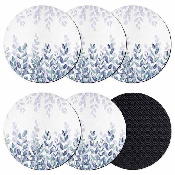 Spring Blue Eucalyptus Coasters Set of 6, Absorbent Coasters for Drinks, Botanical Green Leaf Country Coaster for Desk Coffee Table Protection, Home Decor House Warming Gifts 4"