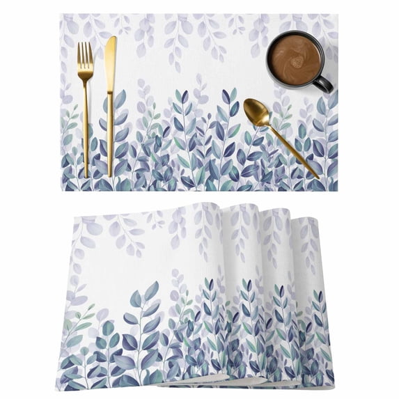 Spring Blue Eucalyptus Placemats Set of 8, Botanical Green Leaf Country Placemats for Dining Table, Place Mats for Kitchen Tabletop, Waterproof Wipeable Dining Table Mats Set