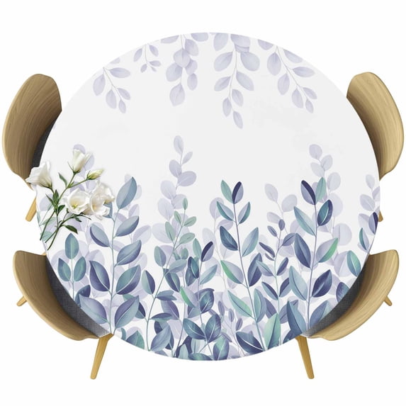 Spring Blue Eucalyptus Round Tablecloth, Fitted Table Cover with Elastic for 36"-44" Round Tables, Botanical Green Leaf Country Table Cloth Outdoor Indoor Dinning Party Waterproof Tablecloths