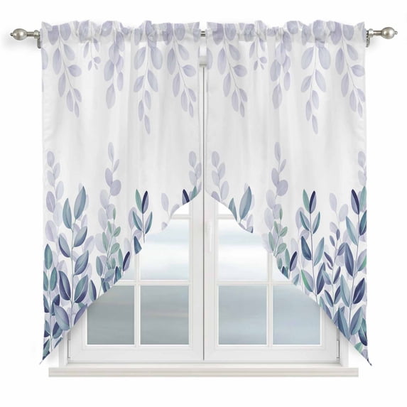 Spring Blue Eucalyptus Swag Valances for Windows, Kitchen Curtains 36 Inch Length 2 Panels Set, Botanical Green Leaf Country Short Curtains for Small Windows Rod Pocket Cafe Curtains Drapes 28"x36"