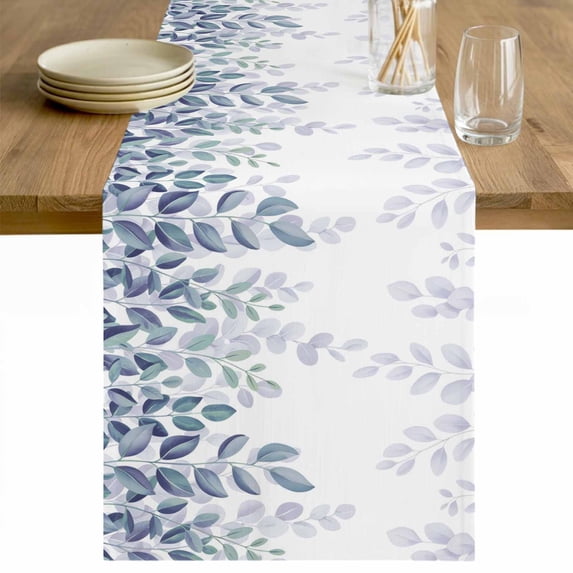 Spring Blue Eucalyptus Table Runner - 36 Inch Long Botanical Green Leaf Country Cotton and Linen Blended Dress Scarves Farmhouse Table Runner for Kitchen Dining, Coffee Table, 13" x 36"