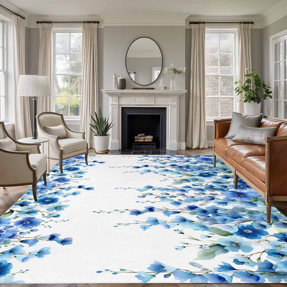 Spring Blue Floral Area Rugs 6'x9', Washable Small Throw Rugs for Kitchen Dining room, Farmhouse Weeping Floral Leaves Indoor Outdoor Rug Non-Slip Low Pile Carpet Runner Reversible Floor Mats