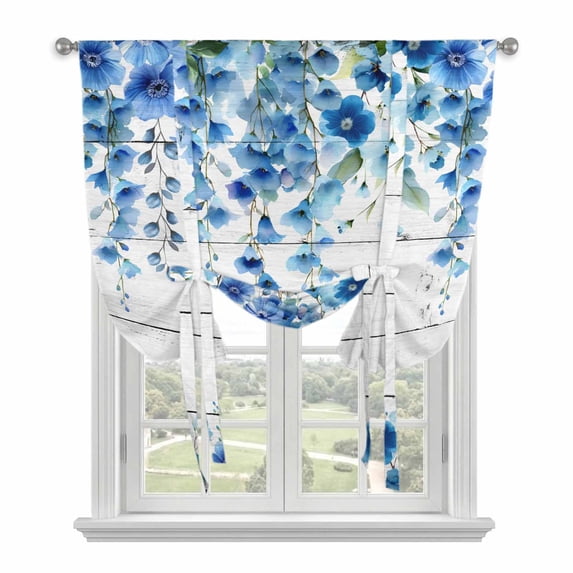 Spring Blue Floral Balloon Curtains for Bedroom/Front Door/Bathroom, Farmhouse Weeping Floral Leaves Wood Tie Up Curtains 63 Inch Length Light Filtering Kitchen Curtains Shades for Windows 46"x63"