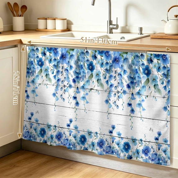 Spring Blue Floral Cabinet Curtain 28"W x 51"L, Farmhouse Weeping Floral Leaves Wood Dust-Proof Privacy Curtain for Closet Shelves Self Adhesive, Sink Skirt for Bathroom Vanity Kitchen Laundry Room