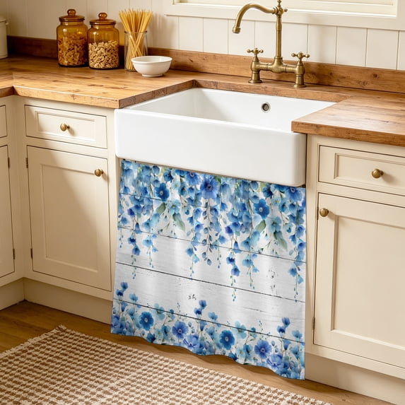 Spring Blue Floral Cabinet Curtains 35"W x 35"L, Farmhouse Weeping Floral Leaves Wood Sink Skirt for Bathroom Vanity Kitchen Self Adhesive, Dust-Proof Privacy Curtain for Shelves Closet Pantry