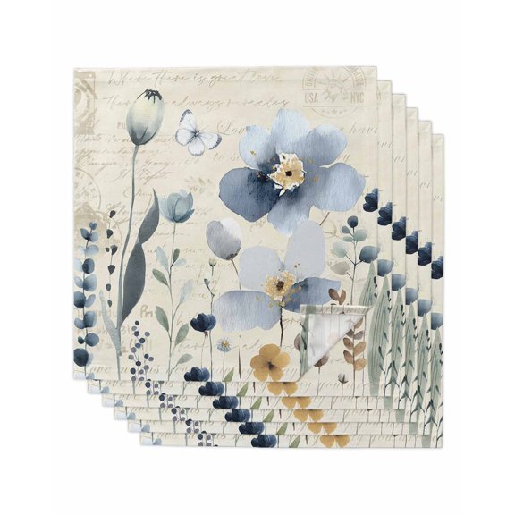 Spring Blue Floral Cloth Napkins Set of 6 Reusable Dinner Napkins, Vintage Garden Wildflowers Botanical Cocktail Napkin Washable Table Napkins for Wedding/Holiday Party/Baby Shower 20"x20"
