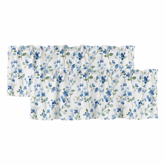 Spring Blue Floral Curtain Valances for Windows, Kitchen Valance Window Treatments Panel 2 Pack, Ombre Garden Flower Botanical Blooms Rod Pocket Short Curtains for Bathroom Bedroom 54 x 18 Inch