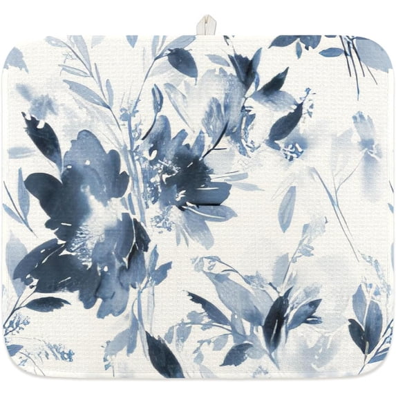 Spring Blue Floral Dish Drying Mat 16x18 Inch - High Absorbency Microfiber Kitchen Mat - Decorative Flower Design for Counter & Sink - Dish Drainer Pad for Coffee Bar - Quick Dry Soft Fabric