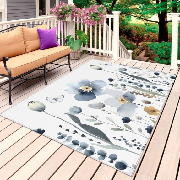 Spring Blue Floral Outdoor Rug 5x7 Ft, Non Slip Washable Area Rug, Country Garden Wildflowers Botanical Patio Rugs Carpet Runner, Large Floor Mat for Indoor/Outdoor Deck Porch Camping