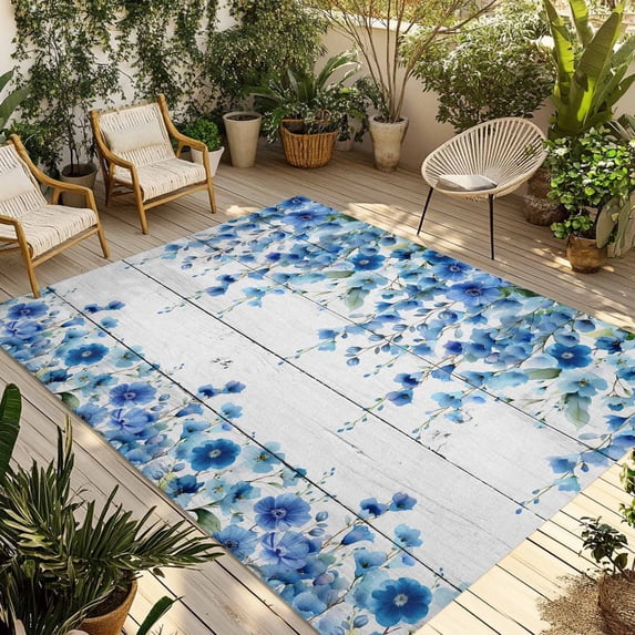 Spring Blue Floral Outdoor Rug for Patio/Deck/Porch, Non-Slip Large Area Rug 3 x 5 Ft, Farmhouse Weeping Floral Leaves Wood Indoor Outdoor Rugs Washable Area Rugs, Camping Rug Carpet Runner