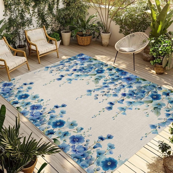 Spring Blue Floral Outdoor Rug for Patio/Deck/Porch, Non-Slip Large Area Rug 6 x 9 Ft, Farmhouse Weeping Floral Leaves Burlap Indoor Outdoor Rugs Washable Area Rugs, Camping Rug Carpet Runner