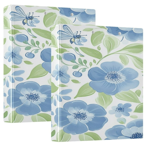 Spring Blue Floral Pattern 12.4x10.6in PVC Round Ring Binders, 2-Pack, D-Ring 3-Hole, Metal Clip