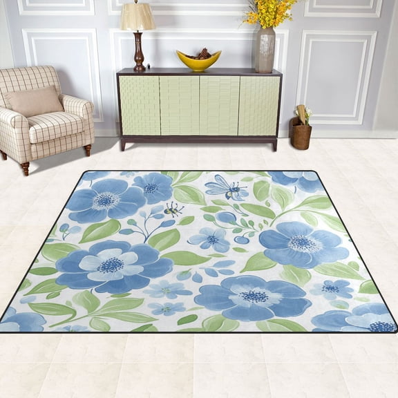 Spring Blue Floral Pattern 63''x48'' Plush Memory Foam Bath Mat, Soft, Absorbent, Non Slip, Durable