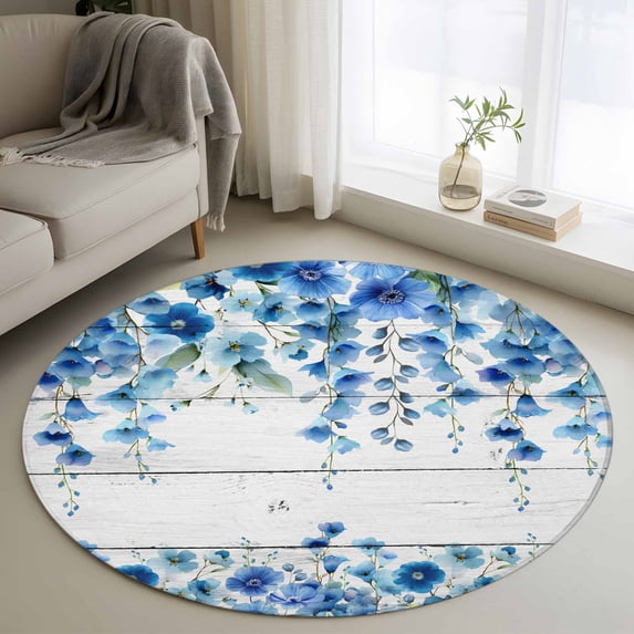 Spring Blue Floral Round Area Rug 3Ft Washable Small Circle Rugs for Kitchen Entryway, Farmhouse Weeping Floral Leaves Wood Non-Slip Carpet Floor Mats Indoor Outdoor Carpet Runner Home Decor