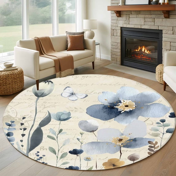 Spring Blue Floral Round Area Rug 8Ft Washable Large Circle Rugs for Living Room Dorm, Vintage Garden Wildflowers Botanical Non-Slip Carpet Floor Mats Indoor Outdoor Carpet Runner Home Decor