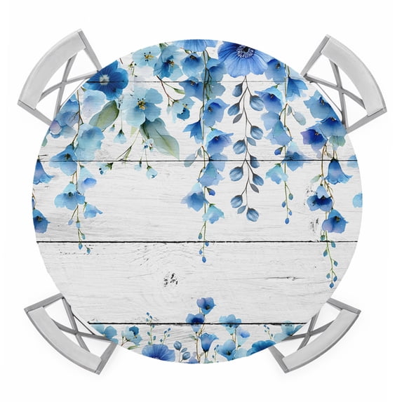 Spring Blue Floral Round Tablecloth for 36-44 Inch Tables,Fitted Table Cover with Elastic Edge,Farmhouse Weeping Floral Leaves Wood Waterproof Outdoor Table Cloth Protector for Patio Garden Dinner