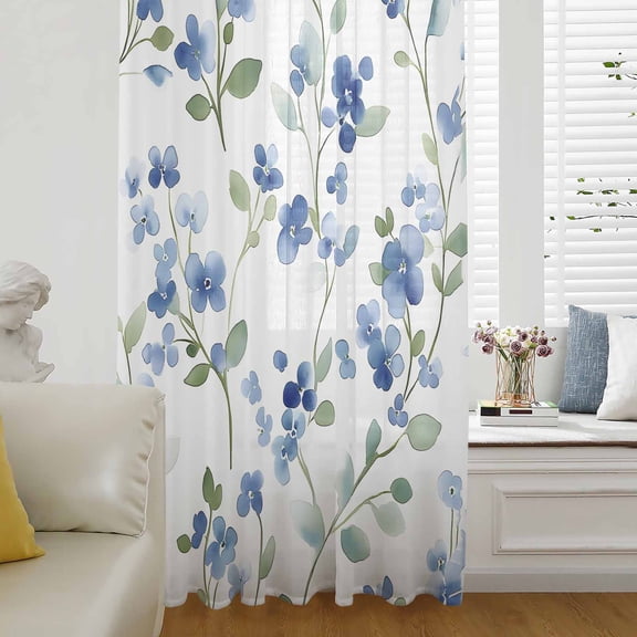 Spring Blue Floral Semi Sheer Curtains Drapes for Living Room,Bedroom,French Doors Window 84 Inches Long,Ombre Garden Flower Botanical Blooms Rod Pocket Chiffon Curtain Drapery Voile Draperies Panel