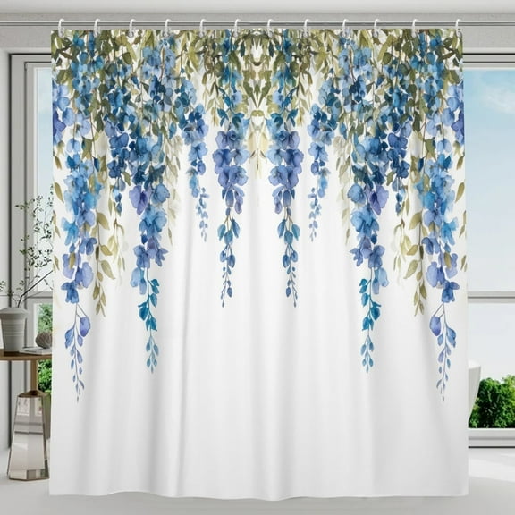 Spring Blue Floral Shower Curtain for Bathroom, Watercolor Flower Leaves Shower Curtain ,72''x72''