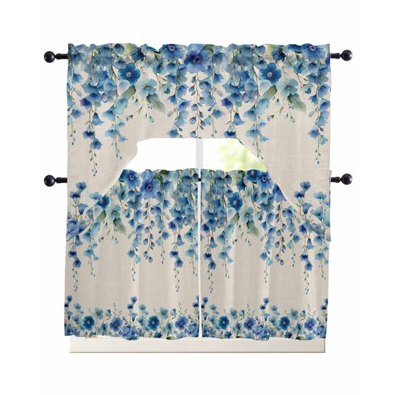 Spring Blue Floral Swag Curtains for Living Room/Bedroom Windows, Farmhouse Weeping Floral Leaves Burlap Kitchen Curtains and Valances Set 36 Inch Length, Light Filtering Swags Valance Curtain Panels
