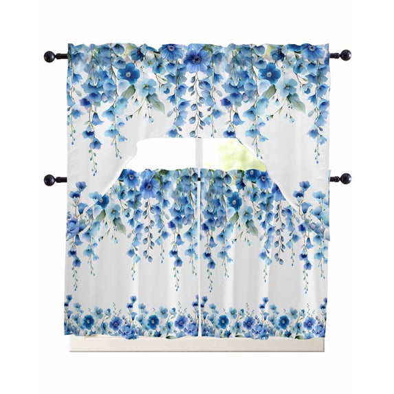 Spring Blue Floral Swag Kitchen Curtains Sets for Windows 24 Inch Length, Farmhouse Weeping Floral Leaves Short Window Curtain Panels Swags Valances and Tiers 3 Piece Set for Cafe/Dining Room