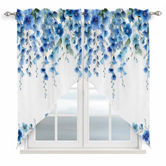 Spring Blue Floral Swag Valances for Windows 2 Pack, Kitchen Window Curtains 36 Inch Length, Farmhouse Weeping Floral Leaves Privacy Swag Curtains for Living Room/Bathroom with Rod Pocket 36"x36"