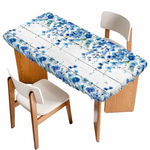 Spring Blue Floral Table Cloths for 3 Foot Rectangle Tables, Farmhouse Weeping Floral Leaves Wood Patio Waterproof Elastic Fitted Tablecloths, Washable Rectangular Table Cover for Camping