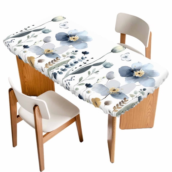 Spring Blue Floral Table Cloths for 4 Foot Rectangle Tables, Country Garden Wildflowers Botanical Patio Waterproof Elastic Fitted Tablecloths, Washable Rectangular Table Cover for Camping