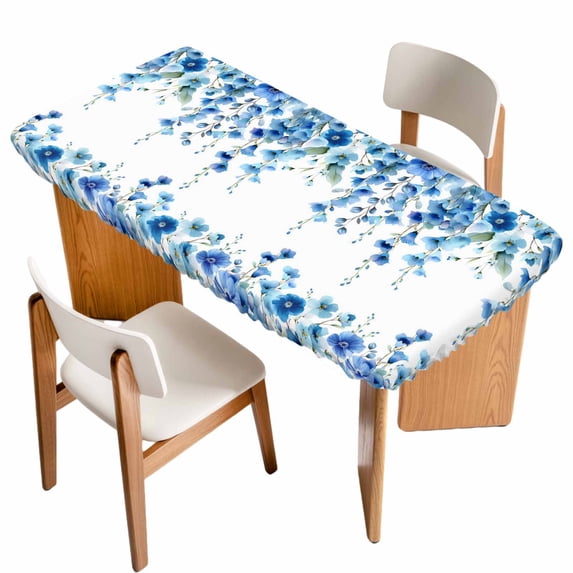 Spring Blue Floral Table Cloths for 6 Foot Rectangle Tables, Farmhouse Weeping Floral Leaves Patio Waterproof Elastic Fitted Tablecloths, Washable Rectangular Table Cover for Camping