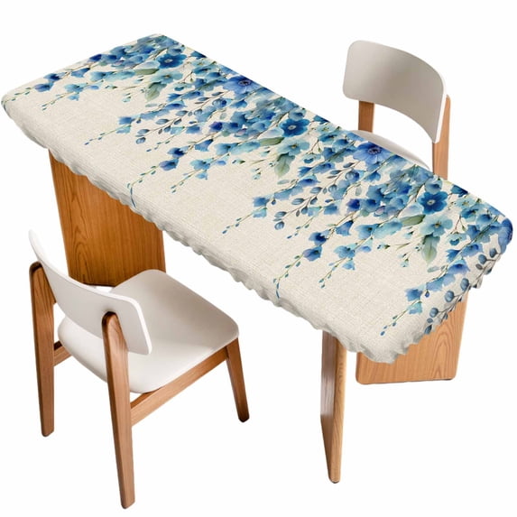 Spring Blue Floral Table Cloths for 8 Foot Rectangle Tables, Farmhouse Weeping Floral Leaves Burlap Patio Waterproof Elastic Fitted Tablecloths, Washable Rectangular Table Cover for Camping