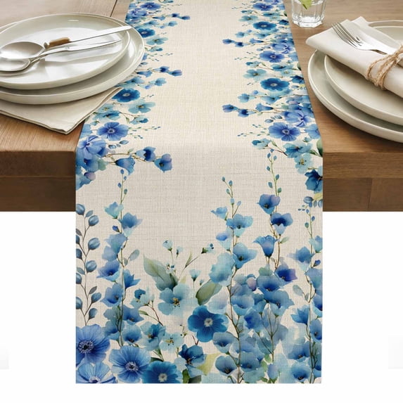 Spring Blue Floral Table Runner - 120 Inch Long, Kitchen Dining Table Runner Dresser Scarves, Farmhouse Weeping Floral Leaves Burlap Farmhouse Decor for Coffee Tables Wedding Party Banquet