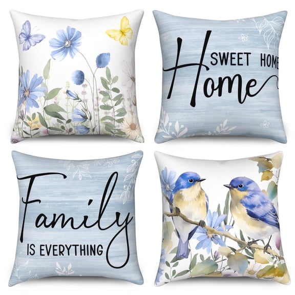 Spring Summer Blue Floral Throw Pillow Covers 18x18 Set of 4,Flowers and Butterfly Birds Decorative Pillow Cases for Bedroom Sofa Couch