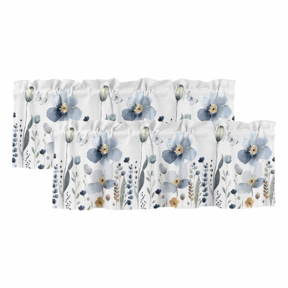 Spring Blue Floral Valances for Windows, Decorative Rod Pocket Window Valance Curtains, Country Garden Wildflowers Botanical Short Curtain Drapes for Kitchen/Living Room, 2 Panels, 42" W x 12" L
