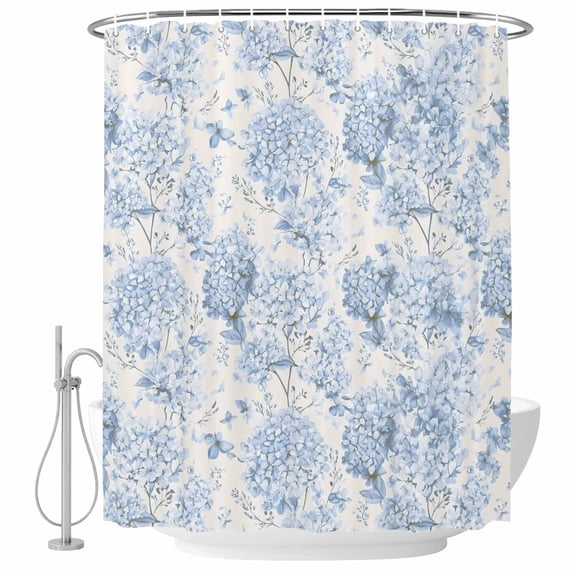 Spring Blue Flower Bathroom Shower Curtains with Hooks, Hydrangeas Floral Leaf Plants Vintage Waterproof Fabric Washable Shower Curtain for Home Hotel Bathtub Decor 36x72 Inch