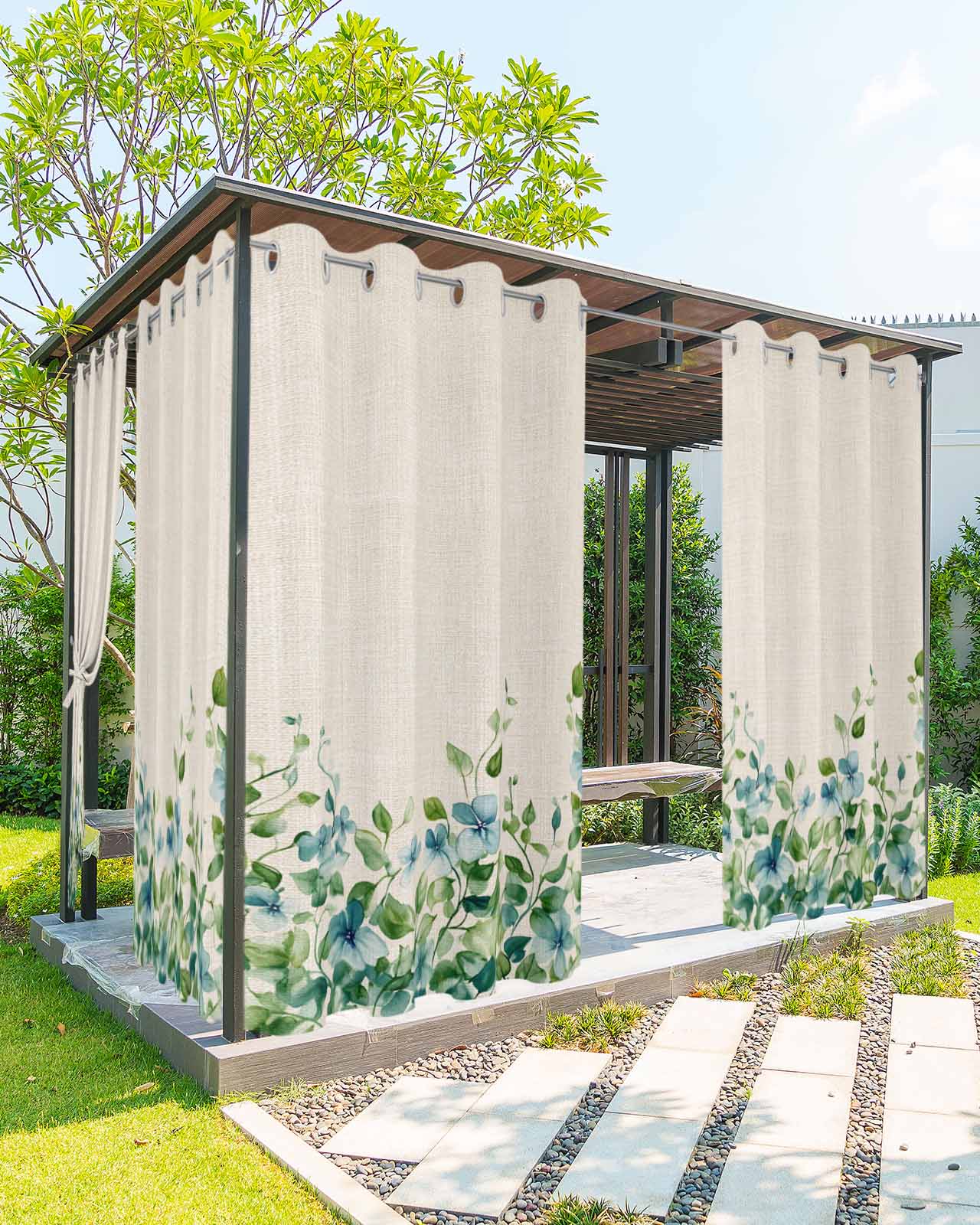 Spring Blue Flower Outdoor Curtains for Patio, Country Watercolor Blue ...